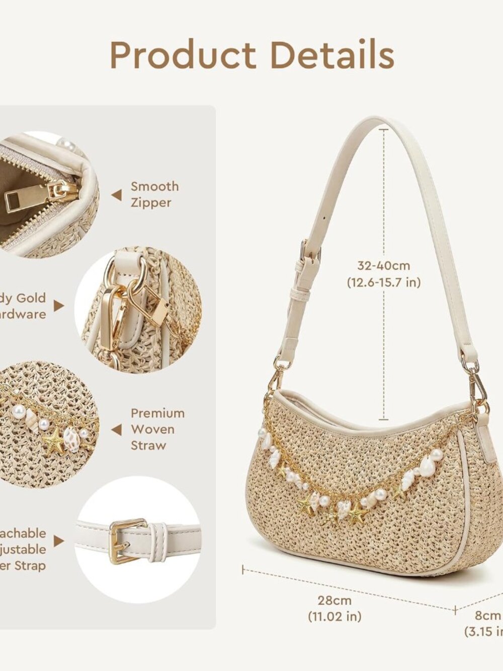 Straw Shoulder Bag for Women, Boho Woven Raffia Hobo Purse with Charm Chain, Adj - Picture 4 of 6